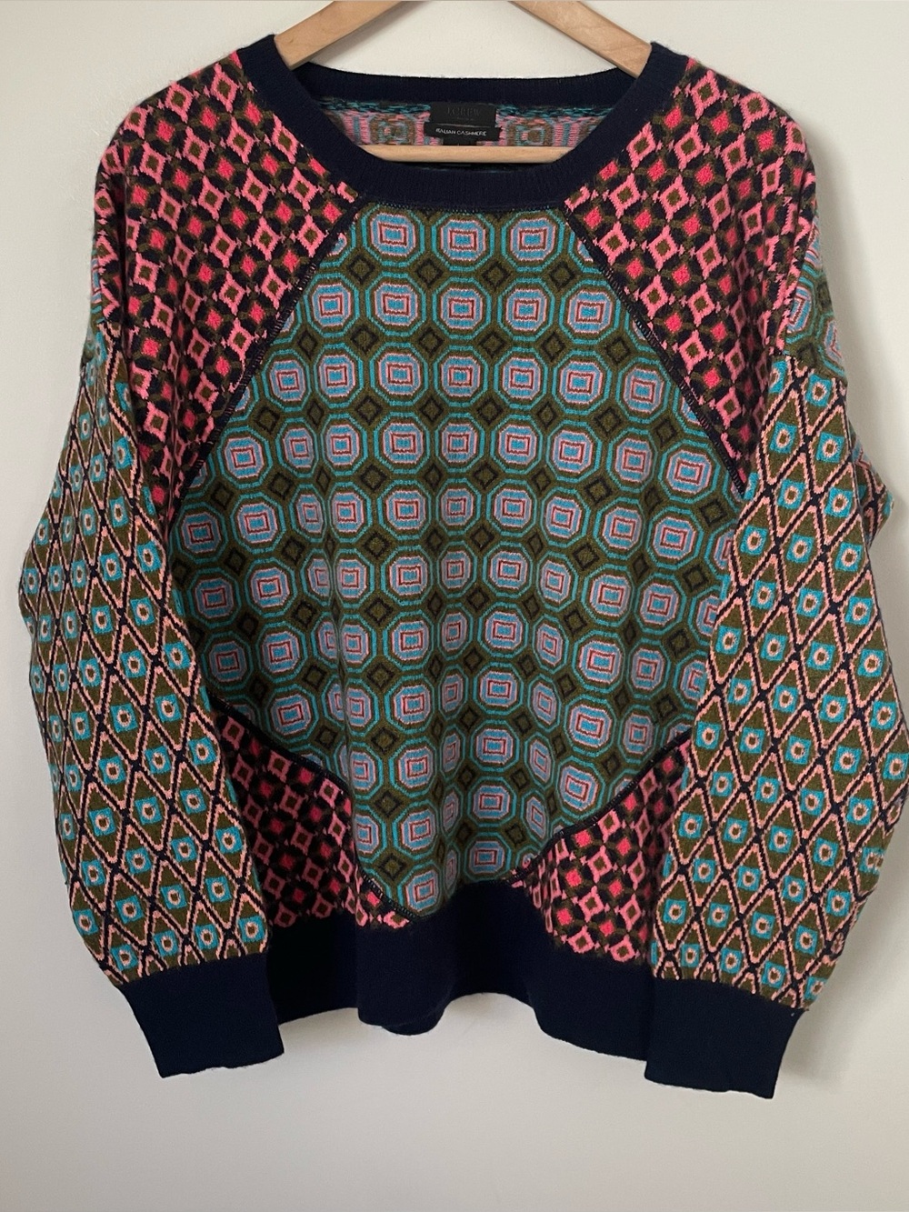 J. Crew 100% Cashmere Colorful Mixed Pattern Crew Neck Sweater Size Large